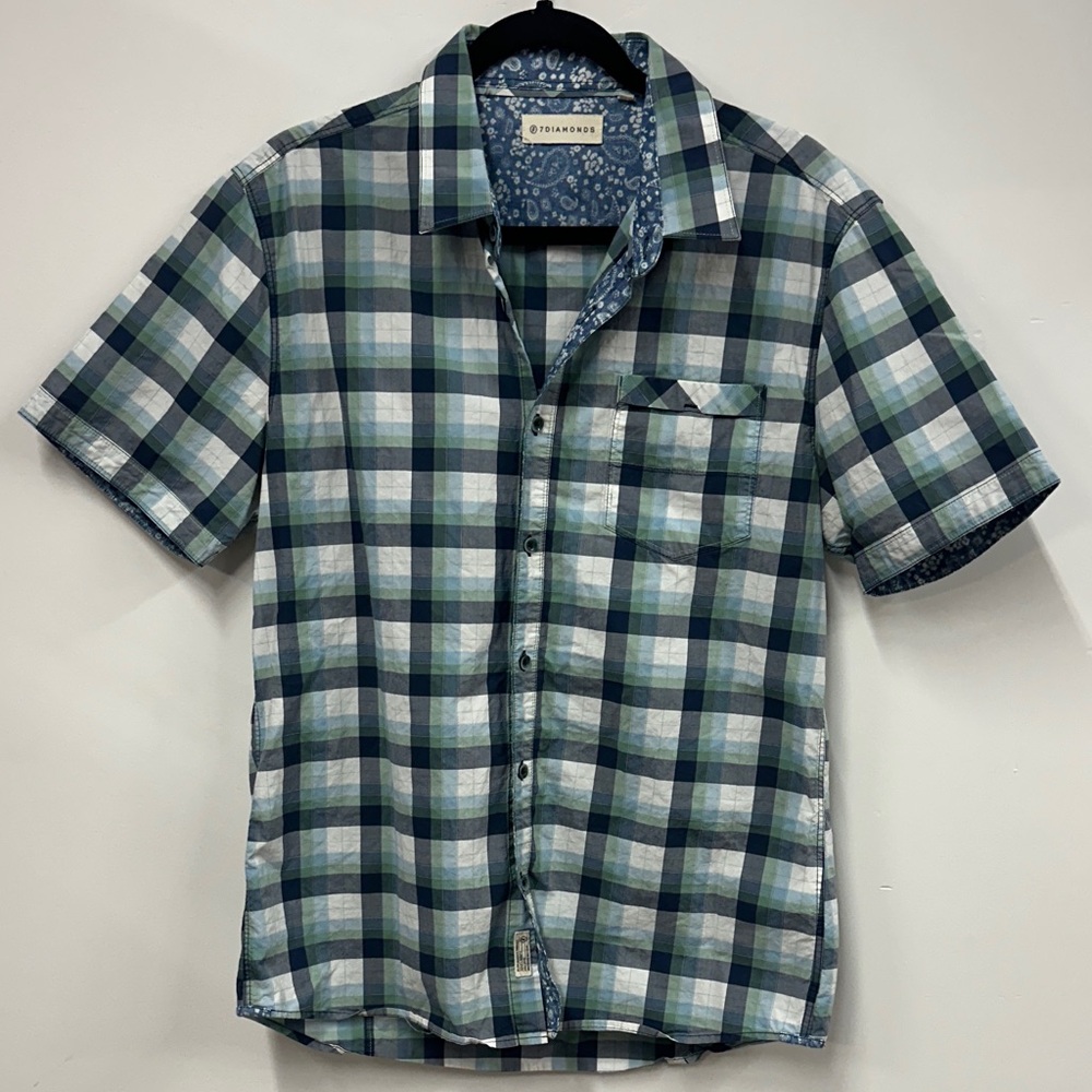 7 Diamonds Green and Blue Plaid Button-Down Shirt L